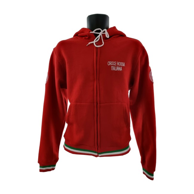 Felpa Croce Rossa Italiana rossa con zip e cappuccio frontale